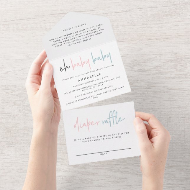 Twin baby shower pink blue modern typography  all in one invitation (Tearaway)