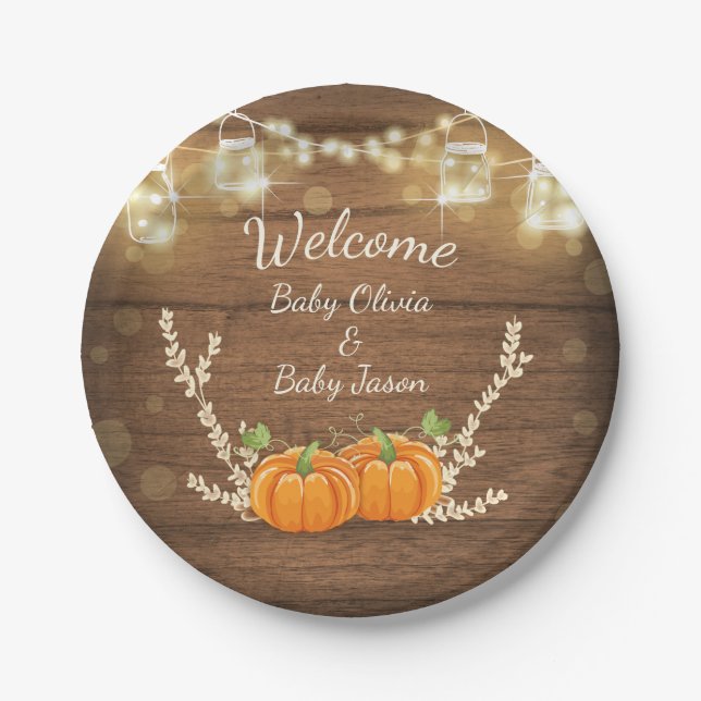 Twin baby Shower Pumpkins Plates Rustic Wood (Front)