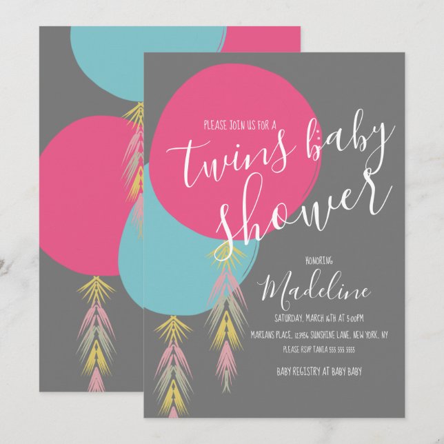Twin Baby Shower Tassel Boho Balloon  Invitation (Front/Back)