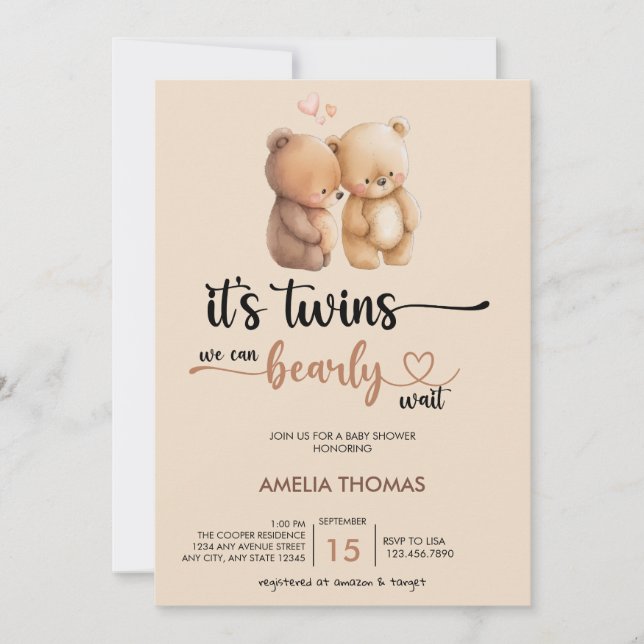 Twin Baby Shower | Teddy Bear Invitation (Front)