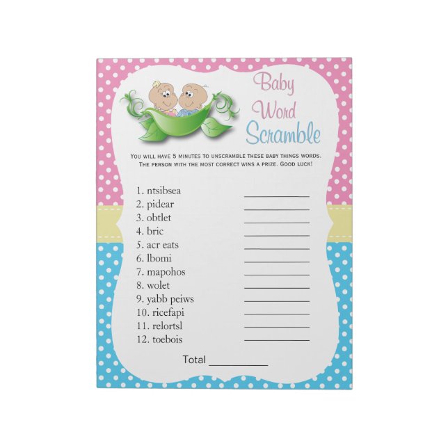 Twin Baby Shower - Two Peas In A Pod Word Game Notepad (Rotated)
