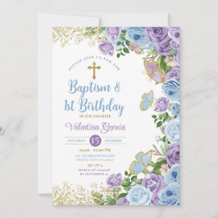 Twin Baptism & 1st Birthday Purple and Blue Floral Invitation
