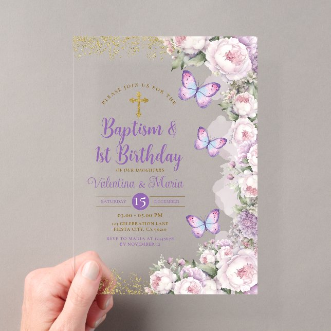 Twin Baptism & 1st Birthday Purple Floral Cross Acrylic Invitations (Insitu (Handheld))