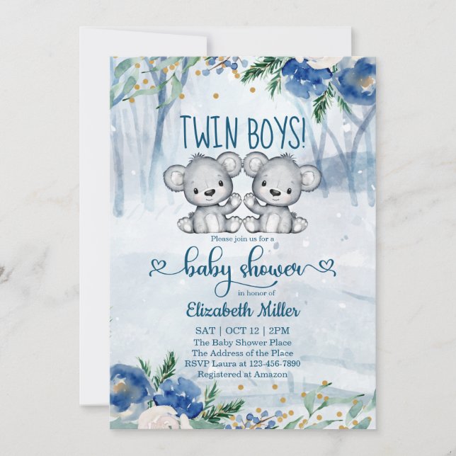 Twin Bear Cubs Winter Baby Shower Invitation (Front)