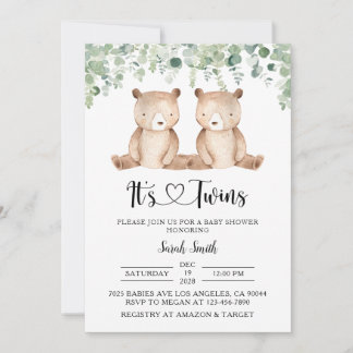 Twin Bears Baby Shower Invitations