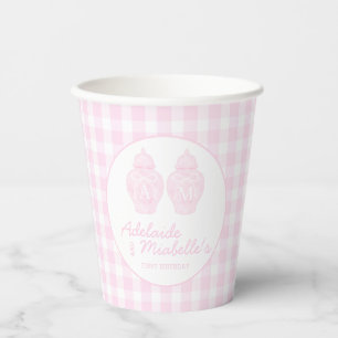 Twin Birthday Ginger Jars Coquette Pink Gingham Paper Cups