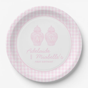 Twin Birthday Ginger Jars Coquette Pink Gingham Paper Plate