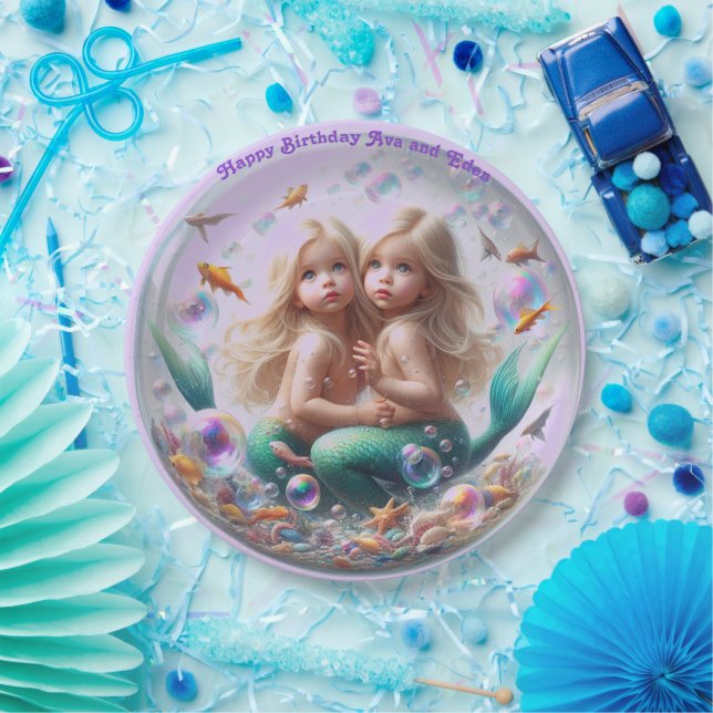 Twin Blonde Little Mermaids Bubble Paper Plate (Party)