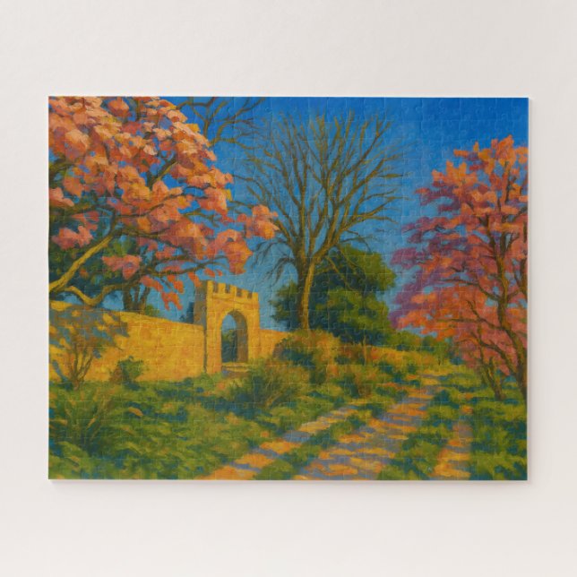 Twin Blossoms – Tranquil Garden Path Painting Jigsaw Puzzle (Horizontal)