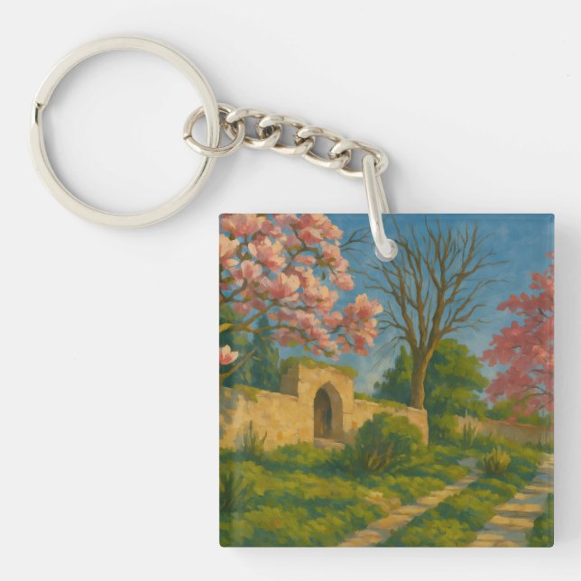 Twin Blossoms – Tranquil Garden Path Painting Keychain (Front)