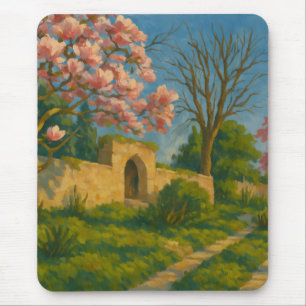 Twin Blossoms – Tranquil Garden Path Painting Mouse Pad