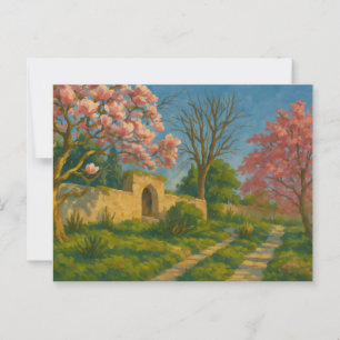 Twin Blossoms – Tranquil Garden Path Painting Postcard