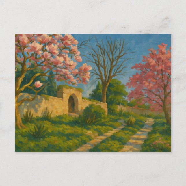 Twin Blossoms – Tranquil Garden Path Painting Postcard (Front)