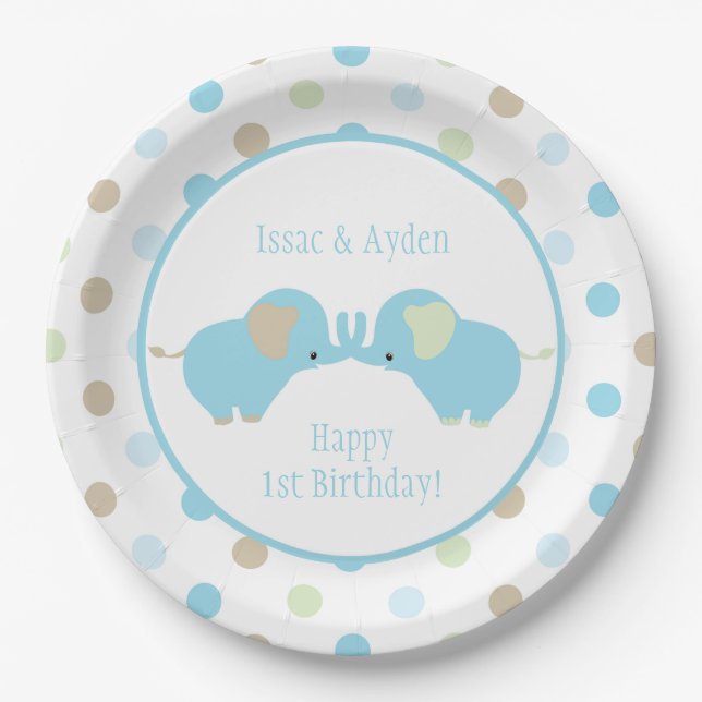 Twin Blue Baby Elephants Polka Dots Birthday Party Paper Plate (Front)