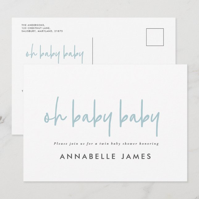 twin blue modern typography contemporary invitation (Front/Back)