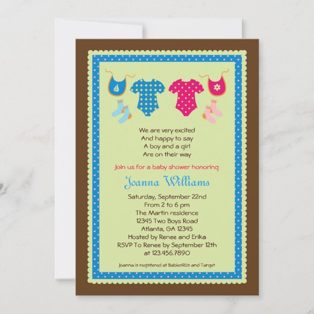 Twin Boy and Girl Baby Shower Invitation (Front)