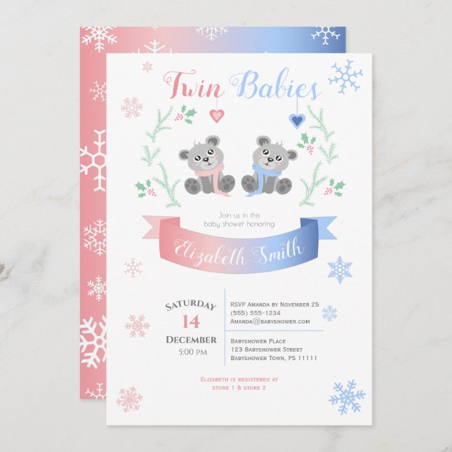 Twin boy and girl Cute bears winter babyshower Invitation (Front/Back)