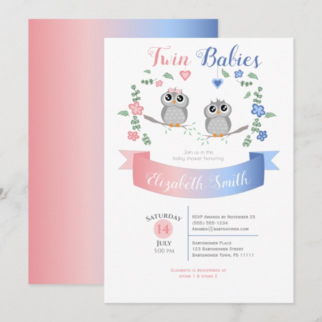 Twin boy and girl Cute owls babyshower Invitation (Front/Back)