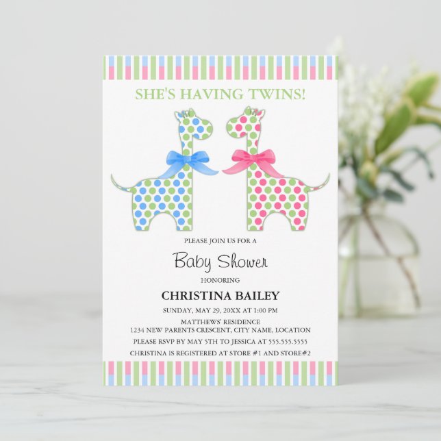 Twin Boy and Girl Giraffe Baby Shower Invitation (Standing Front)