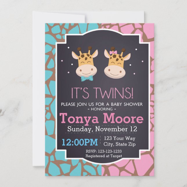 Twin Boy and Girl Giraffe Baby Shower Invitation (Front)
