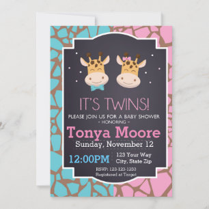 Twin Boy and Girl Giraffe Baby Shower Invitation