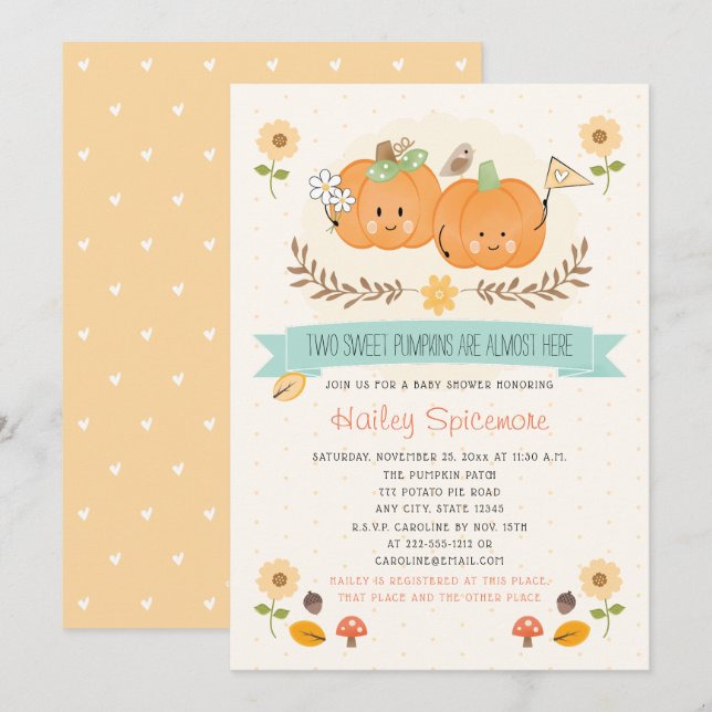 Twin Boy and Girl Pumpkin Baby Shower Invitations (Front/Back)