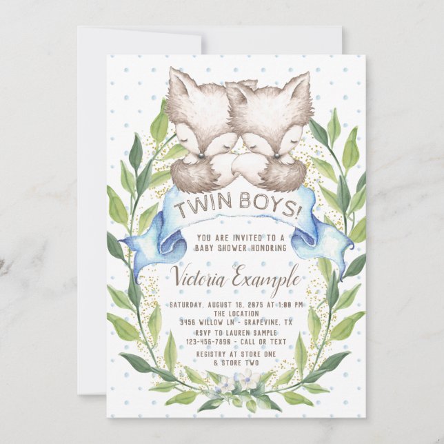 Twin Boy Baby Shower Invitations With Foxes (Front)