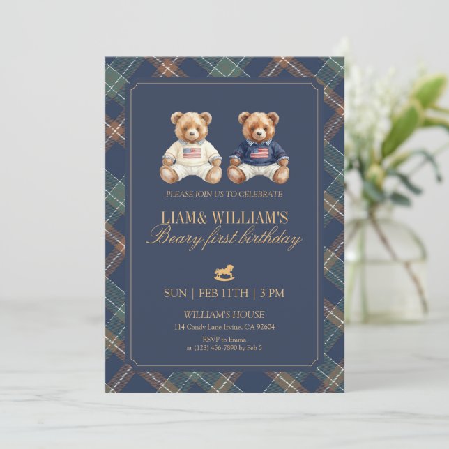 Twin Boy Beary First Birthday Teddy Bear Invitation (Standing Front)
