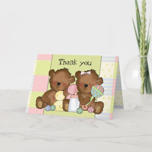Twin Boy Girl baby bear merci carte de voeux (Devant)