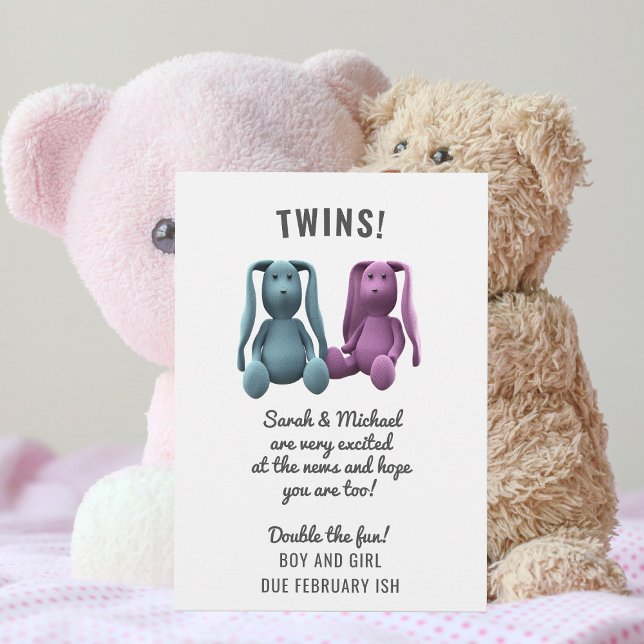 Twin Boy Girl Bunny Pregnancy Announcement (Twins! Share the news with this fun bunny themed pregnancy announcement. Just add your details!)