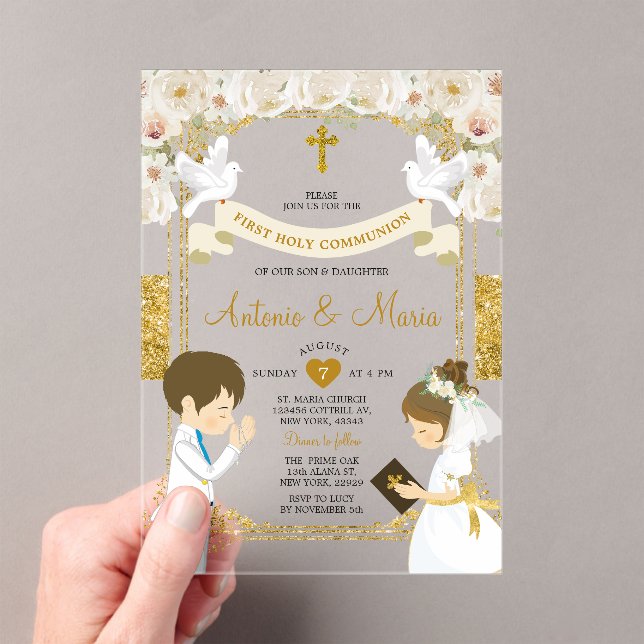 Twin Boy & Girl White Flower 1st Holy Communion Acrylic Invitations (Insitu (Handheld))