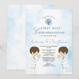 Twin Boy Praying 1st Holy Communion Blue Flowers Invitation