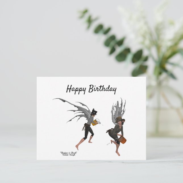 Twin Boy Rain Faeries Birthday Postcard (Standing Front)