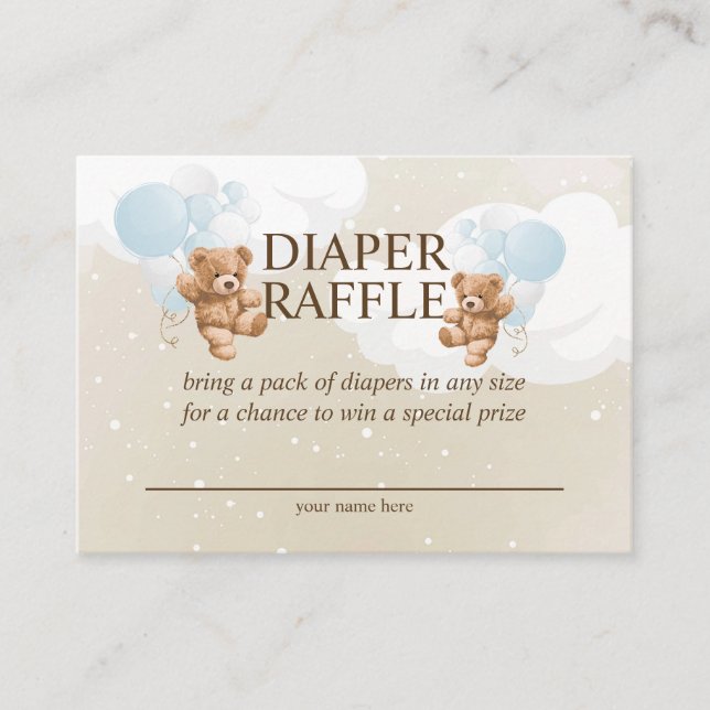 Twin Boy Teddy Bear Diaper Raffle Card (Front)