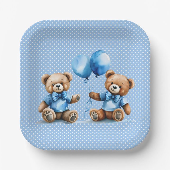 Twin Boy Teddy Bears On Polka Dots Paper Plate (Front)