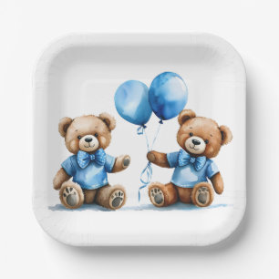 Twin Boy Teddy Bears With Blue Balloons Paper Plate