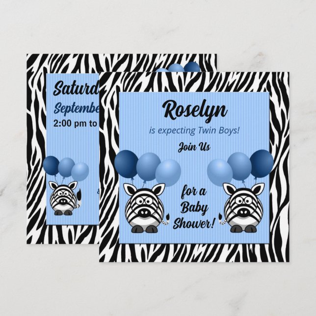 Twin Boy Zebra Print and Blue Baby Shower Invitation (Front/Back)