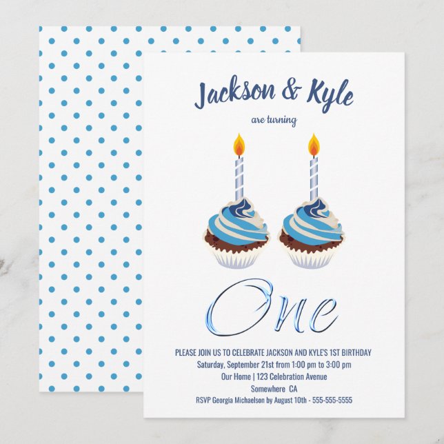 Twin Boys 1st Birthday Blue Cupcake Party Invitation (Front/Back)