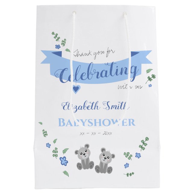 Twin boys baby bears baby shower medium gift bag (Back)