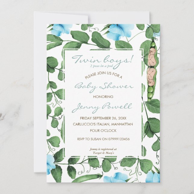 Twin Boys baby shower deux pois dans un invitation (Devant)