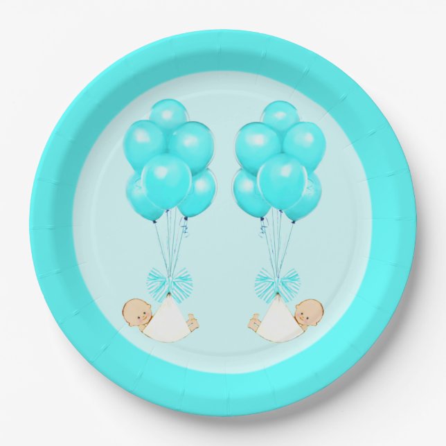 Twin Boys Baby Shower Paper Plate (Front)