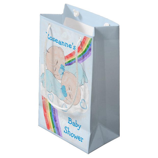 Twin Boys Baby Shower Small Gift Bag (Front Angled)