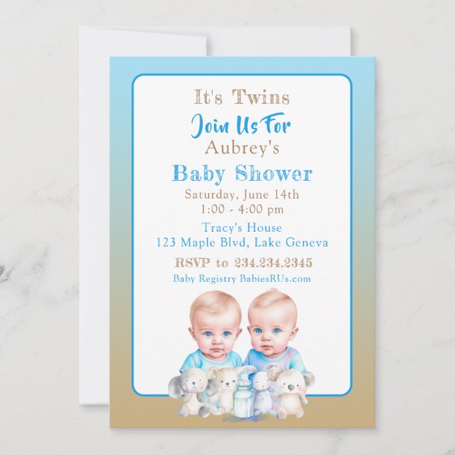 Twin Boy's Baby Shower Watercolor Animals Invitation (Front)