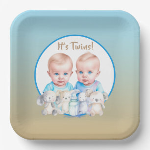 Twin Boy's Baby Shower Watercolor Animals Paper Plate