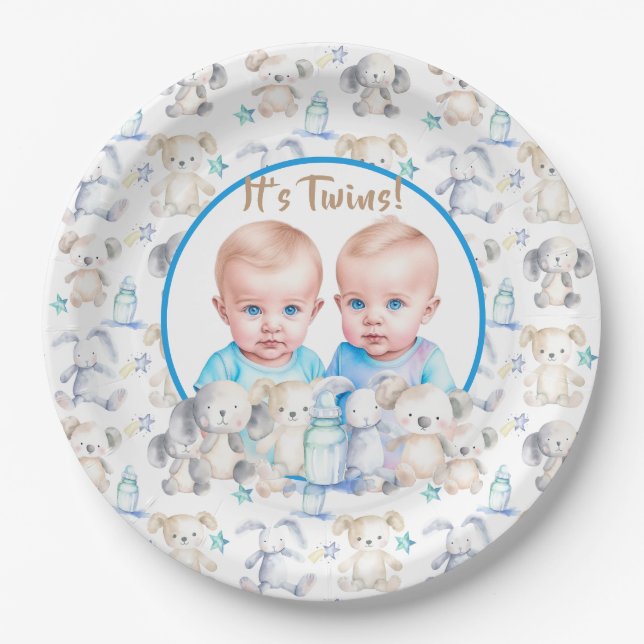 Twin Boy's Baby Shower Watercolor Animals Paper Plate (Front)