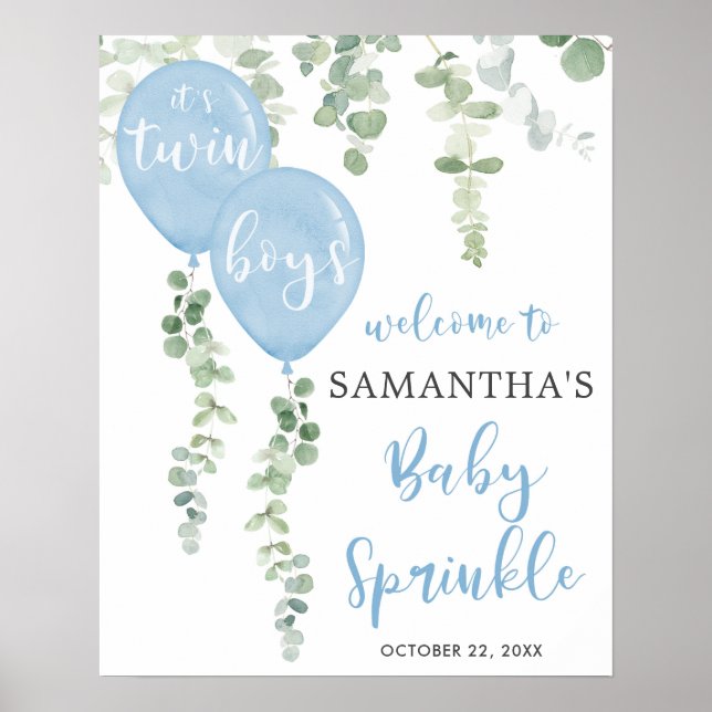 Twin boys Blue balloon baby sprinkle welcome sign (Front)