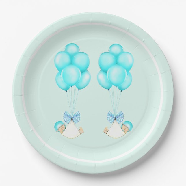 Twin Boys Blue Balloons Baby Shower Paper Plate (Front)