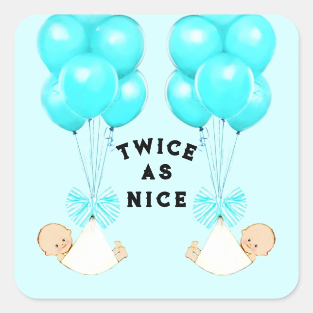 Twin Boys Blue Balloons Baby Shower Square Sticker (Front)