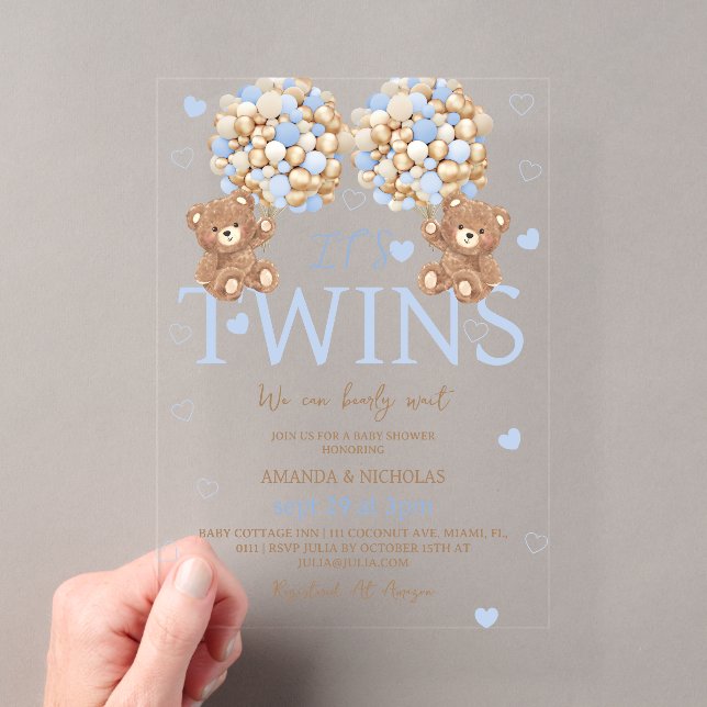 Twin Boys Blue Bear Baby Shower Acrylic Invitations (Insitu (Handheld))