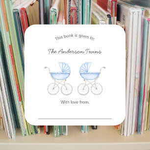 Twin Boys blue carriages Baby Shower Square Sticker
